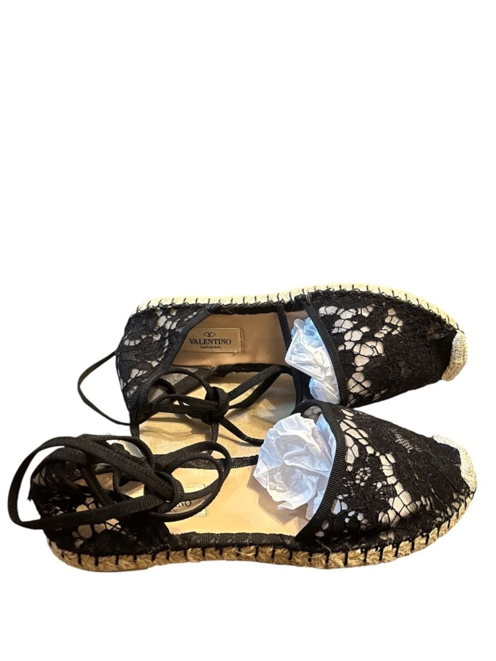 Valentino Garavani Women’s Black Lace Strappy Espadrille Flat Sandals Sz-35